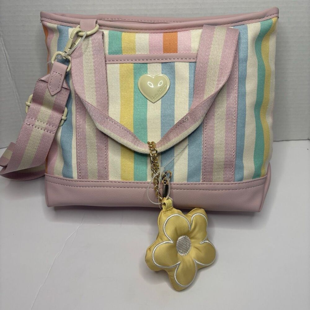 Betsey Johnson Canvas Tote Colorful Rainbow Stripe Floral Bag Charm NWT - Picture 1 of 14